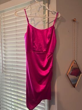 Satin Fuchsia Asymmetrical Mini Slip Dress - Unbranded